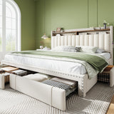 EnHomee King Fabric Upholstered Bed Frame with 4 Drawers and Rivet Decor Storage Headboard, 1000LBS Wooden Slats Support for Apartment, No Box Spring Needed, Easy Assembly, Beige