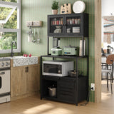 Furniouse 6-Tier Kitchen Bakers Rack with Power Outlet, Industrial Microwave Oven Stand with Shelves, Kitchen Utility Storage Shelf with Cabinet, Standing Storage Rack (Black)