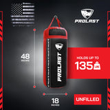 PROLAST 4 Ft 135 Lb XL Heavy Punching Boxing Bag for Adults, MMA, Martial Arts, Muay Thai, Kicking, Strength Training Equipment, Unfilled, New Edition Logo, Black and Red