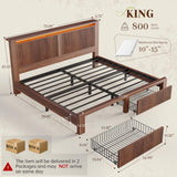 Homkdom King Bed Frame with 2 Drawers and Mid-Century Wooden Wavy Panel Headboard,Charging Station&LED Lights,Heavy Duty Steel,Noise-Free,No Box Spring Needed,Easy Assembly,Walnut