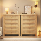 Natural Rattan Dresser for Bedroom with 5 Drawers, Wood Boho Chest of Drawers with Gold Metal Handle, Matte Top Bedroom Tall Dresser with Large Drawers for Living Room, Closet, Hallway, (Nartual)