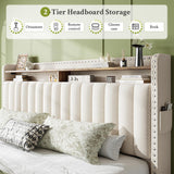 EnHomee King Fabric Upholstered Bed Frame with 4 Drawers and Rivet Decor Storage Headboard, 1000LBS Wooden Slats Support for Apartment, No Box Spring Needed, Easy Assembly, Beige