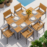 Oasbira Outdoor Dining Set, Patio Table and Chairs Set with Umbrella Hole, 7 Pieces HDPS + Aluminum Patio Dining Furniture Set for Backyard, Garden (Gray & Teak)