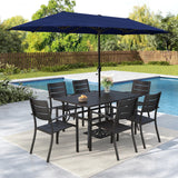 MFSTUDIO 7 Pcs Outdoor Dining Set w/Umbrella for 6(Navy Blue)