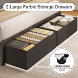 Fluest Queen Bed Frame with 2 Drawers, Upholstered Headboard with Storage and Charging Station, LED Lights, Fabric Drawers with Wheels, Under Bed Storage, No Box Spring Needed, Easy Assembly, Grey