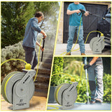 M MINGLE Retractable Pressure Washer Hose Reel, 1/4" × 60ft Heavy Duty Professional Hose Reel, Auto Rewind Power Washer Hose Reel, Wall/Floor Mounted, 3600 PSI
