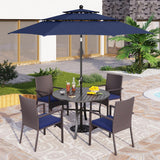 PHI VILLA 5pc Patio Dining Set with Umbrella, Round Table, Rattan Chairs