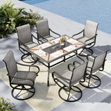 MFSTUDIO 7 PCS Patio Dining Set, Wood-Look Table & Brown Swivel Chairs