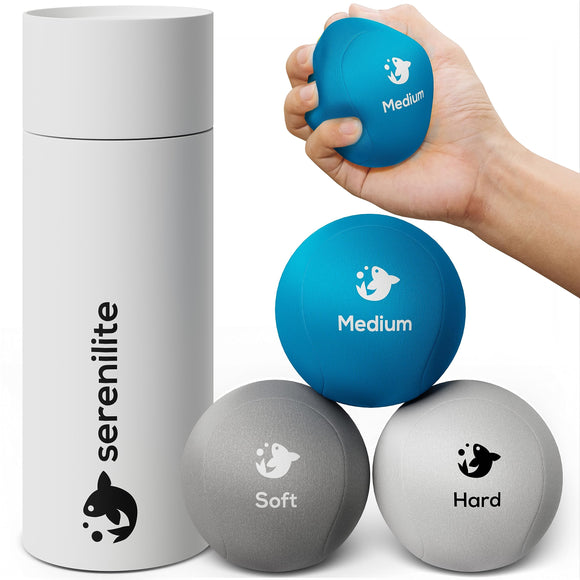 Serenilite 3X Hand Therapy Exercise Stress Ball Bundle for Adults, Grip Strengthening, Tri-Density Squeeze Balls, Hand Grip Strengthener, Soft, Medium & Hard Serenilite