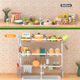 PUSDON Over Sink Dish Drying Rack Stainless Steel, Adjustable Large Dish Drainer for Storage Kitchen Organization Silver 3 Tier - Standard(34"-46")