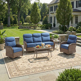 Luxury Patio Furniture Set with 6-inch Thick Cushions, Outdoor Furniture Set with High Back Swivel Chairs, 5 PCS Wicker Outdoor Conversation Set for Porch, Patio, Yard, Deck, Poolside, Brown/Blue