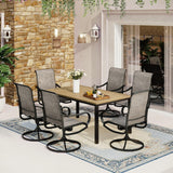 MFSTUDIO 7 PCS Patio Dining Set, 64'' Wood-Look Table & Swivel Mesh Chairs