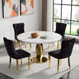 SSLine White Faux Marble Round Dining Table Set for 4 with Velvet Chairs