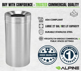 Alpine Indoor Commercial Trash Can Open Top- 27 Gallon Stainless Steel Garbage Can, Heavy Duty, Large, Tall Round Industrial Waste for Office, Hotel, Lobby, Business Bathrooms & High Traffic Areas