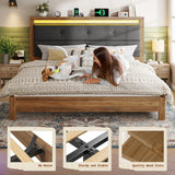 EnHomee King Size Bed Frame, Upholstered Storage Headboard with Charging Station & LED, Wooden Bed Frame，No Box Spring Needed, No Noise, Easy Assembly