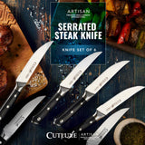 Steak Knives Set of 6, Serrated Steak Knives – Forged High Carbon German Steel, Full Tang, Ergonomic Handle Design – Artisan Series