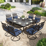 PHI VILLA Square Outdoor Table for 8, Black Metal Table w/Umbrella Hole
