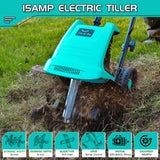 IncwBo 15 Amp 12 Inch Electric Tiller/Cultivator with 4 Steel Tines Small Garden Tiller for Gardening, Corded Rototiller with Adjustable Wheels