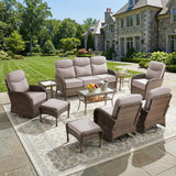 Luxury Patio Furniture Set with 6-inch Thick Cushions, Outdoor Furniture Set with High Back Swivel Chairs, 10 PCS Wicker Outdoor Conversation Set for Porch, Patio, Yard, Deck, Poolside, Brown/Beige