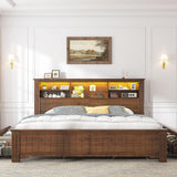 EnHomee King Size Bed Frame and Headboard & Storage,4 Drawers and LED Built in Charging Station with Storage Farmhouse,Noise-Free,No Box Spring Needed,Brown