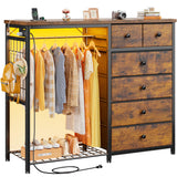 EnHomee 49.2" W Dresser with Hanging Rack & 6 Fabric Drawers – Wooden Top Organize Unit Featuring LED Lights, Charging Station & Grid Panel & Hooks for Bedroom, Rustic Brown