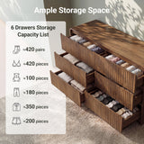 Seang 6 Drawer Dresser for Bedroom,47" Wide Wooden Dresser Chest of Drawers,Curved Anti-Collision & Anti-Tipping Design, Mid Century Modern Dresser for Bedroom, Living Room, TV Stand,Walnut Oak.