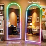 Hasipu 78.7" x 35.4" Arch LED RGB Bluetooth Full Length Mirror with Stand ＆ 7 Color Lighting Modes, Full Body Mirror with White Frame for Bedroom, Living Room, Dressing Room