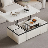 TreLined Lift Top Coffee Table with 4 Storage Stools, Rising Tabletop Center Tables, Expandable Dining Tables with Compartment and Drawer, Modern Office Desk End Table, White, 47.24" L