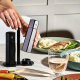 HexClad HexMill Tabletop Salt and Pepper Grinder Set with Stand, 10 Adjustable Grind Settings, High-Efficiency Burr, Solid Milled Aluminum Build, Easy-Fill Cap, Convenient 5.25" Size for Tabletop Use