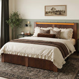 Homkdom King Bed Frame with 2 Drawers and Mid-Century Wooden Wavy Panel Headboard,Charging Station&LED Lights,Heavy Duty Steel,Noise-Free,No Box Spring Needed,Easy Assembly,Walnut