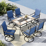 MFSTUDIO 7 PCS Patio Dining Set, Wood-Look Table & Blue Swivel Chairs