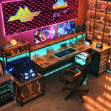 EnHomee 71" L Shaped Computer Desk with 3 Drawers & Hutch,Reversible Gaming Desk with LED Lights & Power Outlet,Home Office