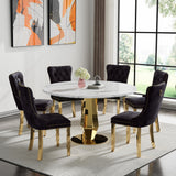 SSLine White Faux Marble Round Dining Table Set for 6 with Velvet Chairs