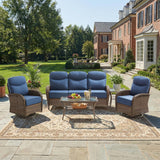 Luxury Patio Furniture Set with 6-inch Thick Cushions, Outdoor Furniture Set with High Back Swivel Chairs, 5 PCS Wicker Outdoor Conversation Set for Porch, Patio, Yard, Deck, Poolside, Brown/Blue
