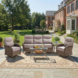 Luxury Patio Furniture Set with 6-inch Thick Cushions, Outdoor Furniture Set with High Back Swivel Chairs, 5 PCS Wicker Outdoor Conversation Set for Porch, Patio, Yard, Deck, Poolside, Brown/Beige