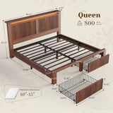 Homkdom Queen Bed Frame with 2 Drawers and Mid-Century Wooden Wavy Panel Headboard,Charging Station&LED Lights,Heavy Duty Steel,Noise-Free,No Box Spring Needed,Easy Assembly,Walnut