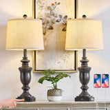 SAIWEYA 27.5" Set of 2 Farmhouse Table Lamps for Bedroom, 3 Way Dimmable Bedside Lamp with 2 USB +AC Outlet Nightstand Lamps for Living Room Resin Rustic Touch Lamps