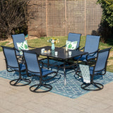 MFSTUDIO 7-Piece Patio Dining Set, 60" Metal Table & Blue Swivel Chairs
