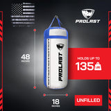 PROLAST 4 Ft 135 Lb XL Heavy Punching Boxing Bag for Adults, MMA, Martial Arts, Muay Thai, Kicking, Strength Training Equipment, Unfilled, New Edition Logo, White and Blue