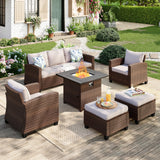 MIXPATIO Patio Furniture Set, 6 Pcs Wicker Rattan Outdoor Conversation Set, 2 x Leg Chairs, 1 x 3 Seater Sofa and 2 x Ottoman with 4" Thick Cushion and 32" Fire Pit Table, Beige