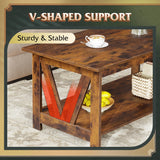 WLIVE Coffee Table with Storage Shelf, 39.4" Farmhouse Coffee Table with V-Frame Support, 2-Tier Wood Rustic Center Table for Living Room, Bedroom & Balcony, Rustic Brown
