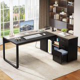 71" L Shaped Desk with File Cabinet, Executive Desk with Drawers & Storage Shelves, Corner Office Desk with Bookshelf for Home Office
