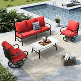 MFSTUDIO 4 Piece Metal Patio Furniture Set with Red Cushions