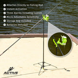 Fishin’ Stix Ready to Fish Kit - Telescoping Rod Holder Sand Spike with Tripod and Bite Alarm. Fishing Alarm System for Bank Fishing, Rocks, Docks & Night Use. 12"–30" Pole Stand, 50 lb+ Capacity