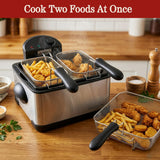 Deep Fryer - 4-Liter Electric Oil Fryer - 1 Large Basket and 2 Small for Dual Use - Stainless-Steel Cooker with Cool Touch Features by Classic Cuisine