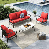 MFSTUDIO 4 Piece Metal Patio Furniture Set with Red Cushions