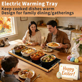 Electric Warming Tray (L 32"x12")，Food Warmers for Parties Buffet with Thermostat & Full Surface Heating, Tempered Glass Warming Mat for Food, Temperature Adjustable Gold Handles Food Warming Mat
