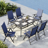 MFSTUDIO Outdoor Dining Set for 6, Metal Table & Folding Chairs, Blue