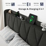 nesture. King Storage Bed Frame with 4 Large Drawers, Platform Bed with Upholstered Button Headboard & Charging Station, Wingback Storage Headboard, Noise-Free, No Box Spring Needed, Dark Grey