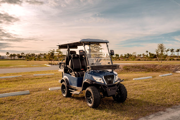 Paladin Luxury Golf Carts 2+2 Ultra Marine Blue, Black Row Seats, White Stitching, Carbon Dashboard.